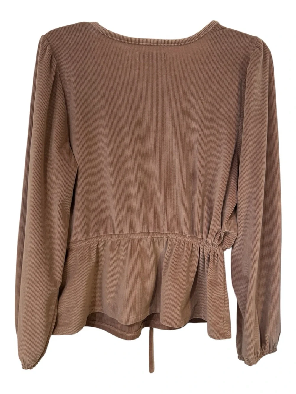Madewell Ribbed Wrap Peplum Top L Dusty Blush Pink Tie Waist Puff Sleeve